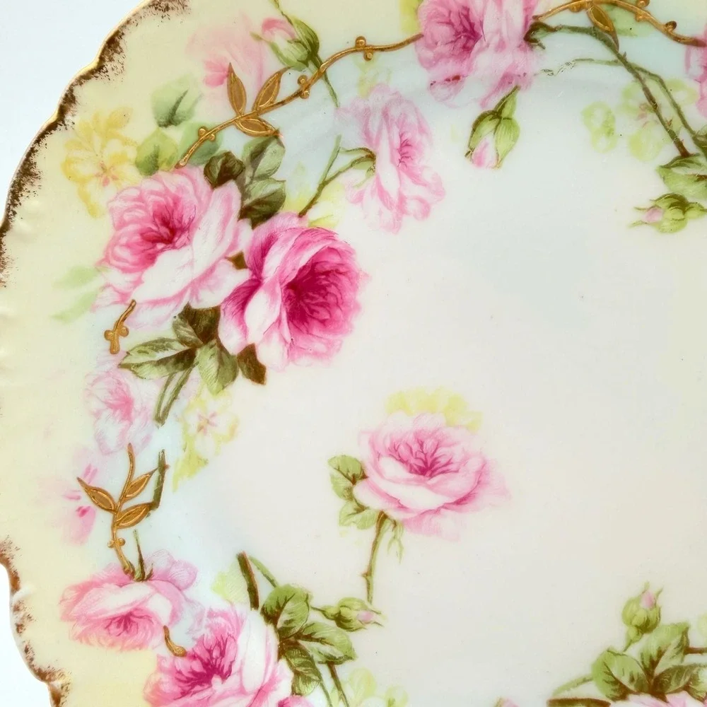 Elite Limoges France Gold Trim Pink White Rose Plate
